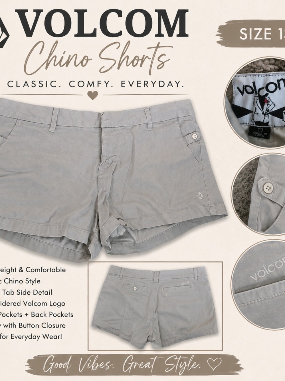 Volcom Women's Chino Shorts in Light Gray Size 13
